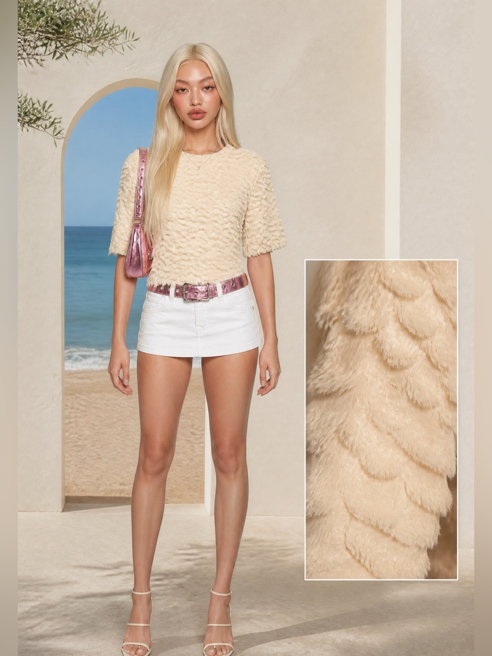 H&M Cream Textured Short Sleeve Blouse
